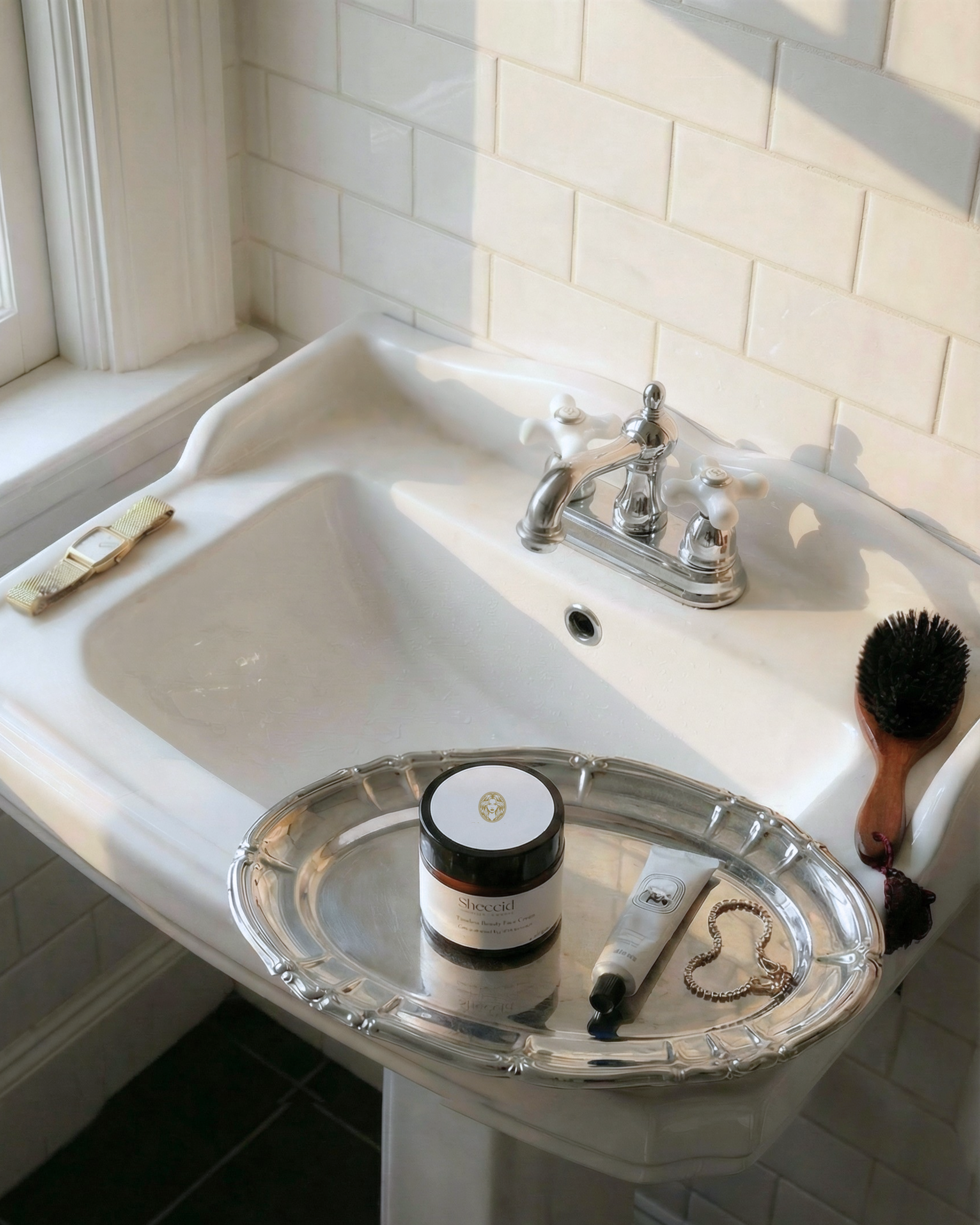 Sheccid holistic luxury face cream on silver tray in an elegant bathroom setting during a clean skincare ritual