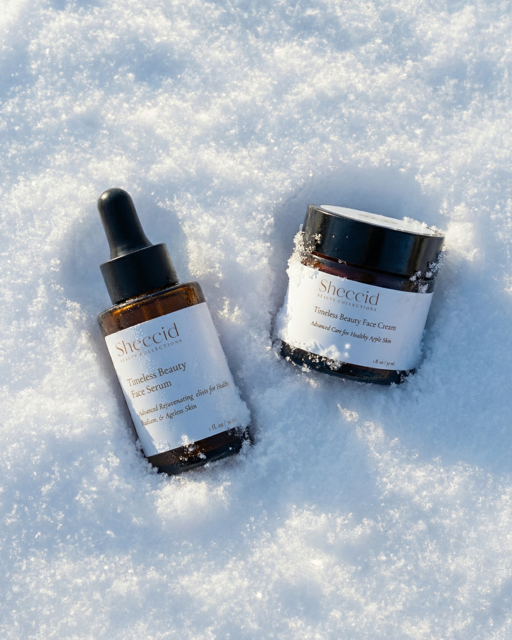 Sheccid holistic luxury face serum and face cream in snow highlighting a winter skin longevity ritual