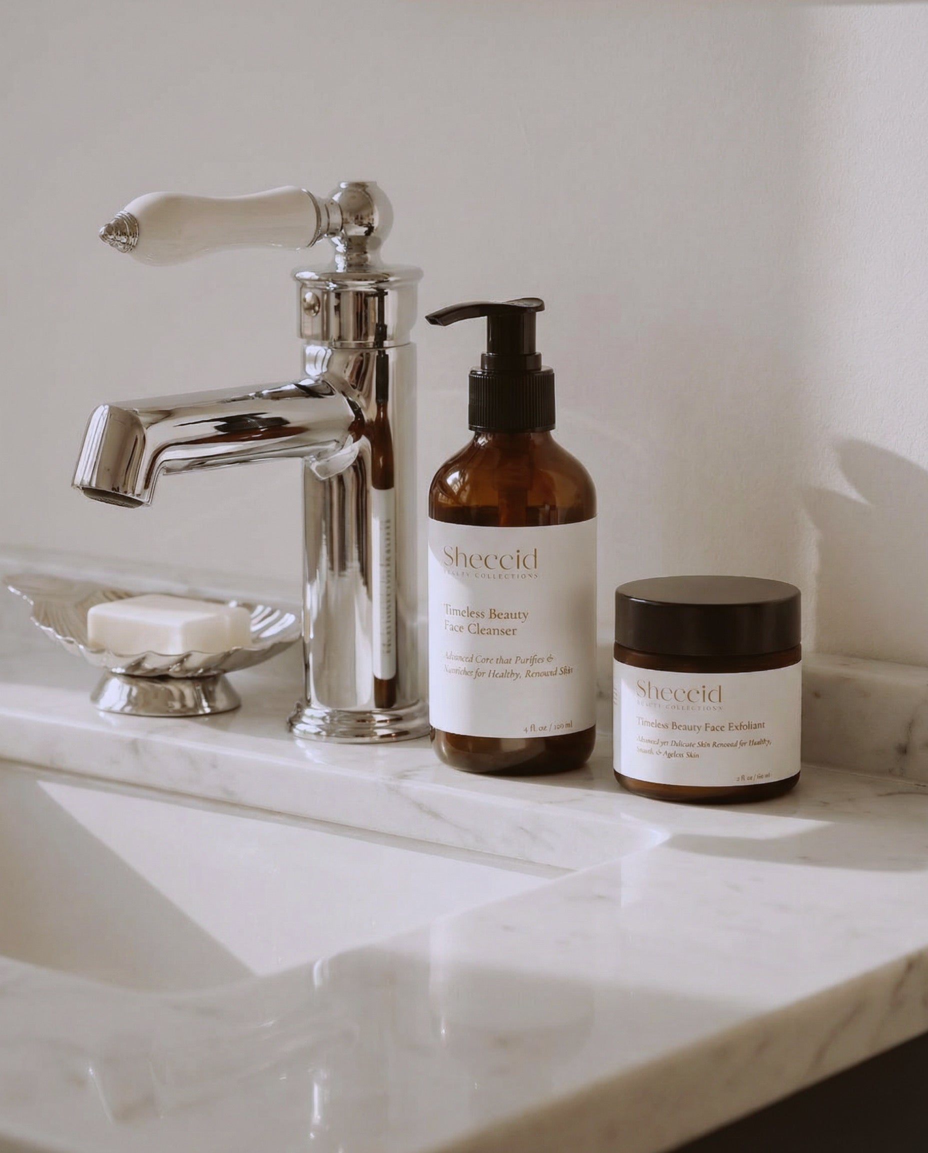 Sheccid holistic luxury face cleanser and face exfoliant on marble countertop during a refined clean skincare ritual